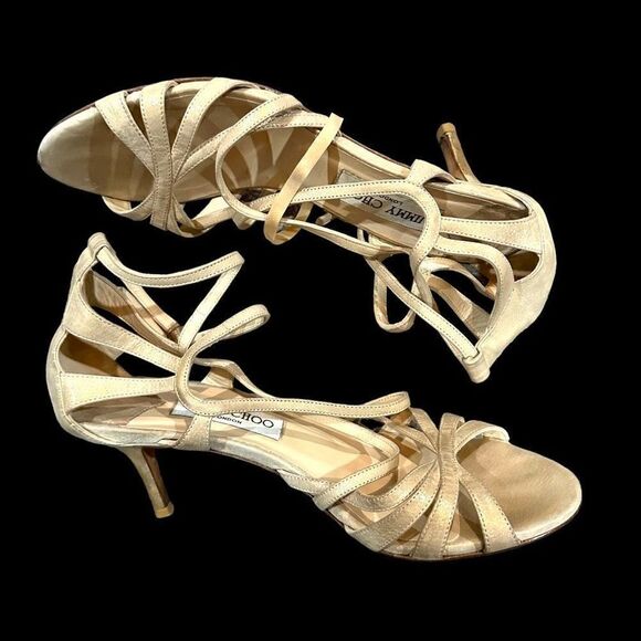 Jimmy Choo Women's Sandals Strappy High Heels Open Toe Buckle Gold Size 37.5 - Picture 1 of 8